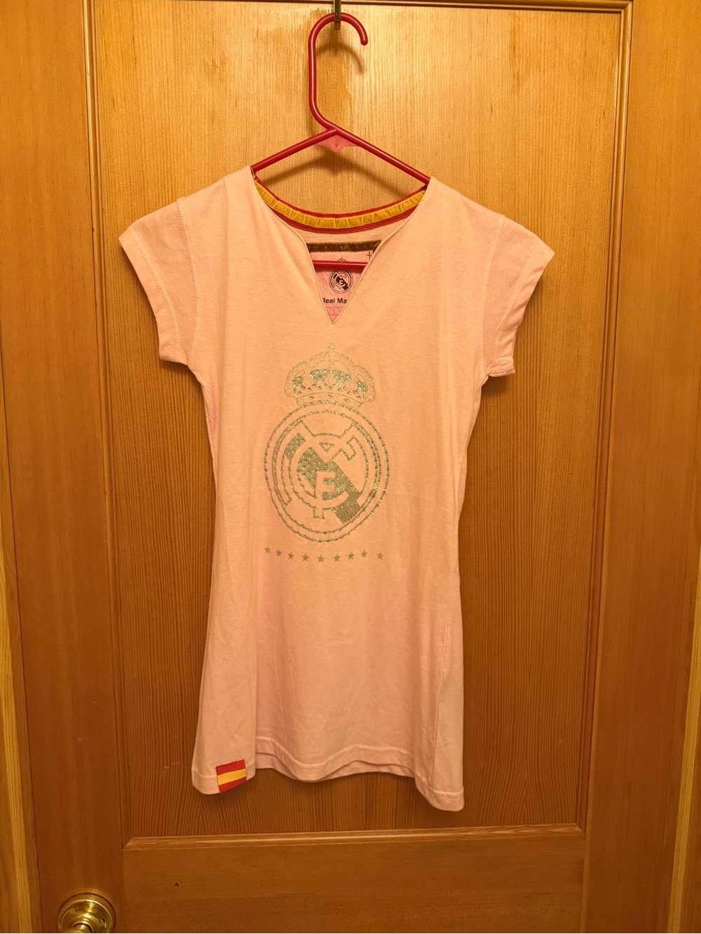 Real Madrid CF Women's Pink Glitter Crest V-Neck Tee S